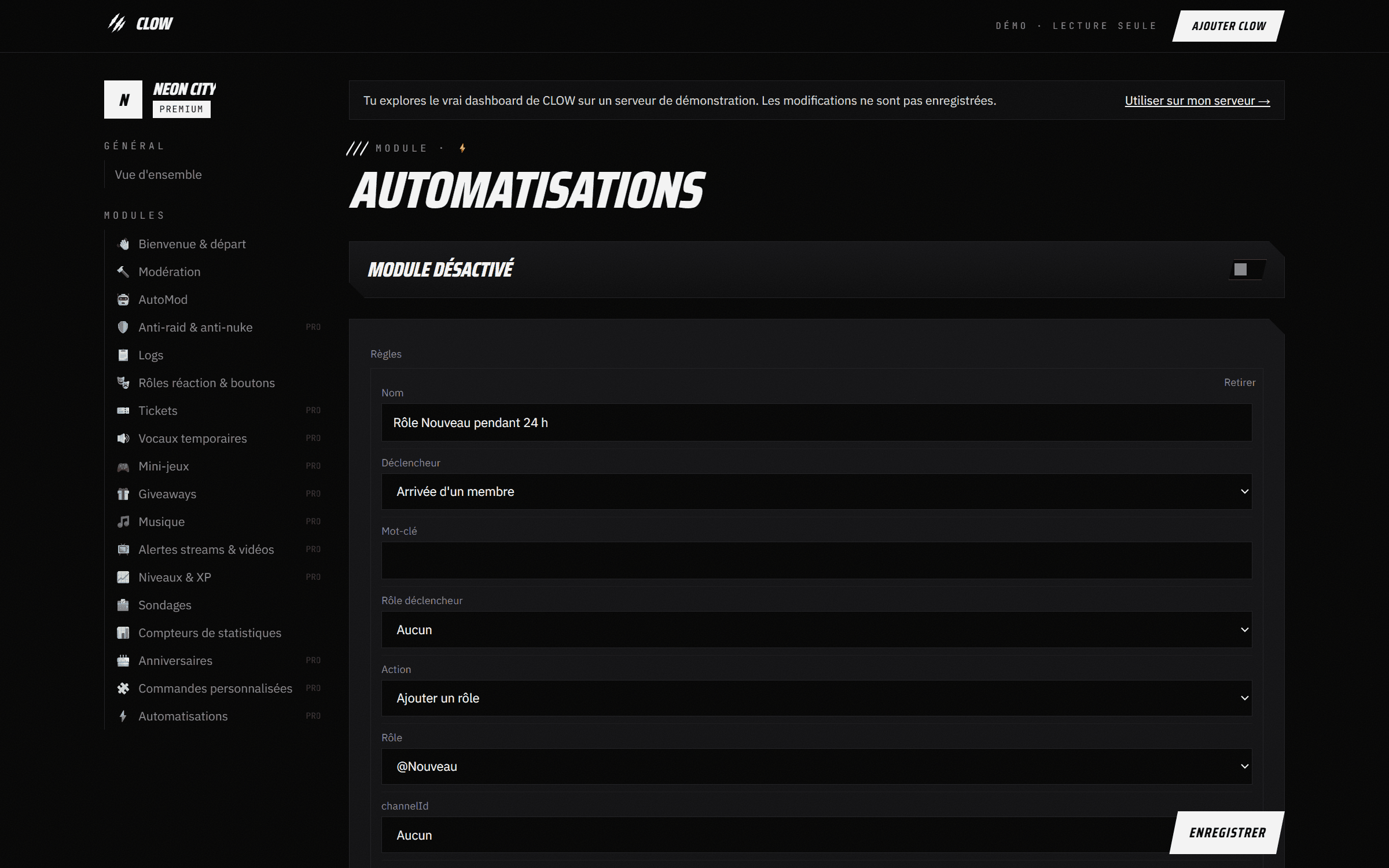 Capture du dashboard CLOW : Automatisations