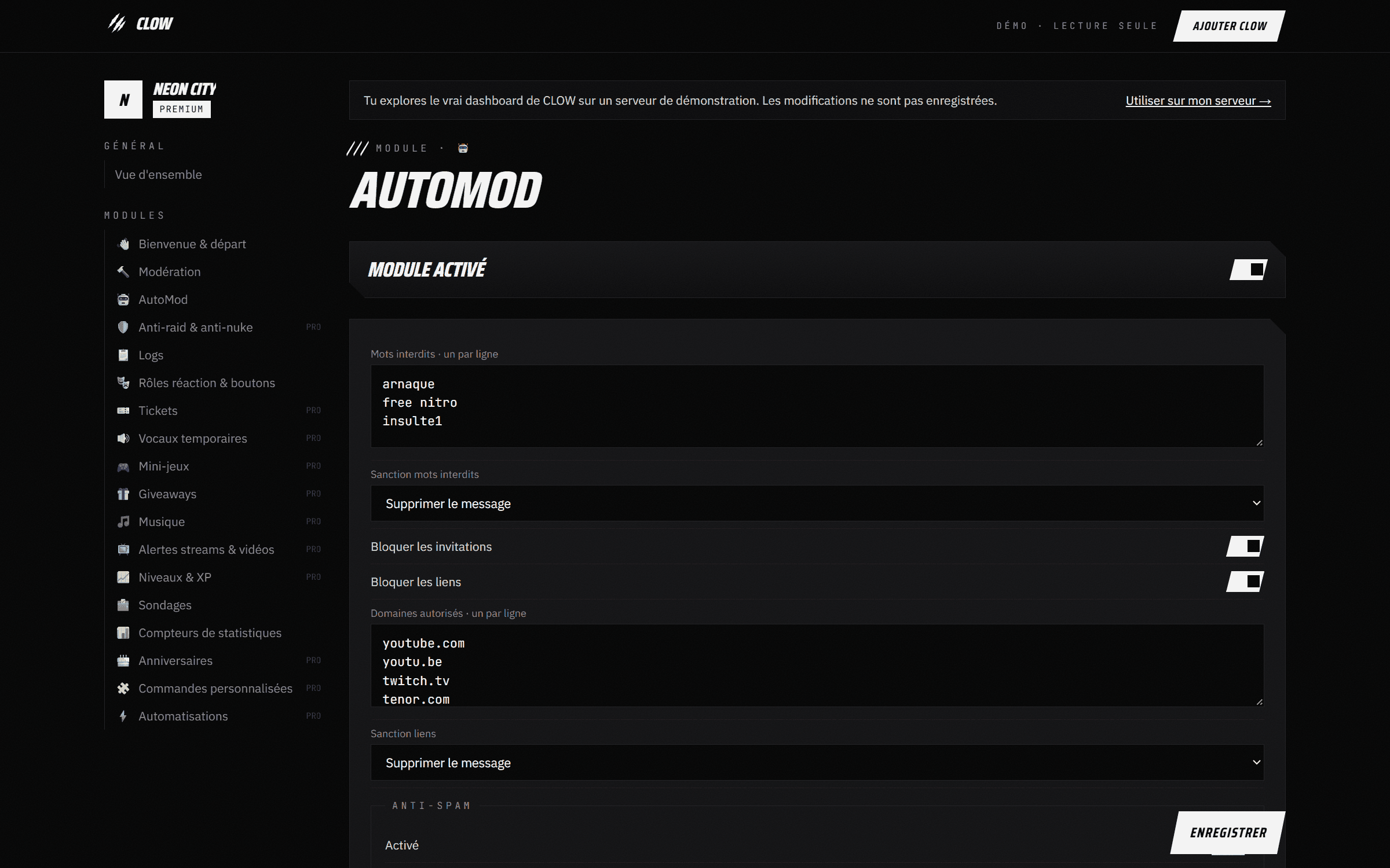 Capture du dashboard CLOW : AutoMod