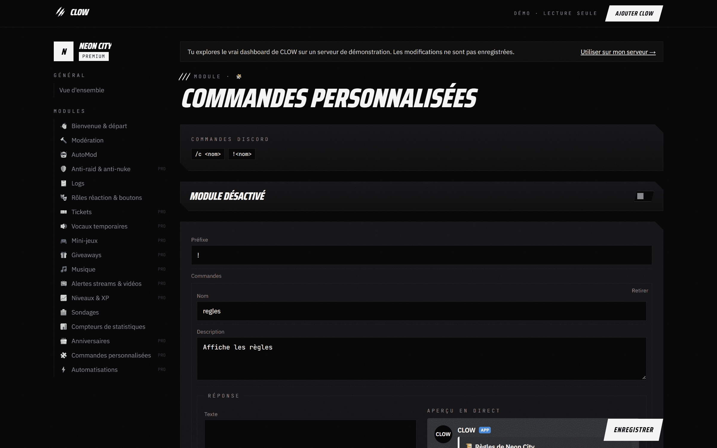 Capture du dashboard CLOW : Commandes perso