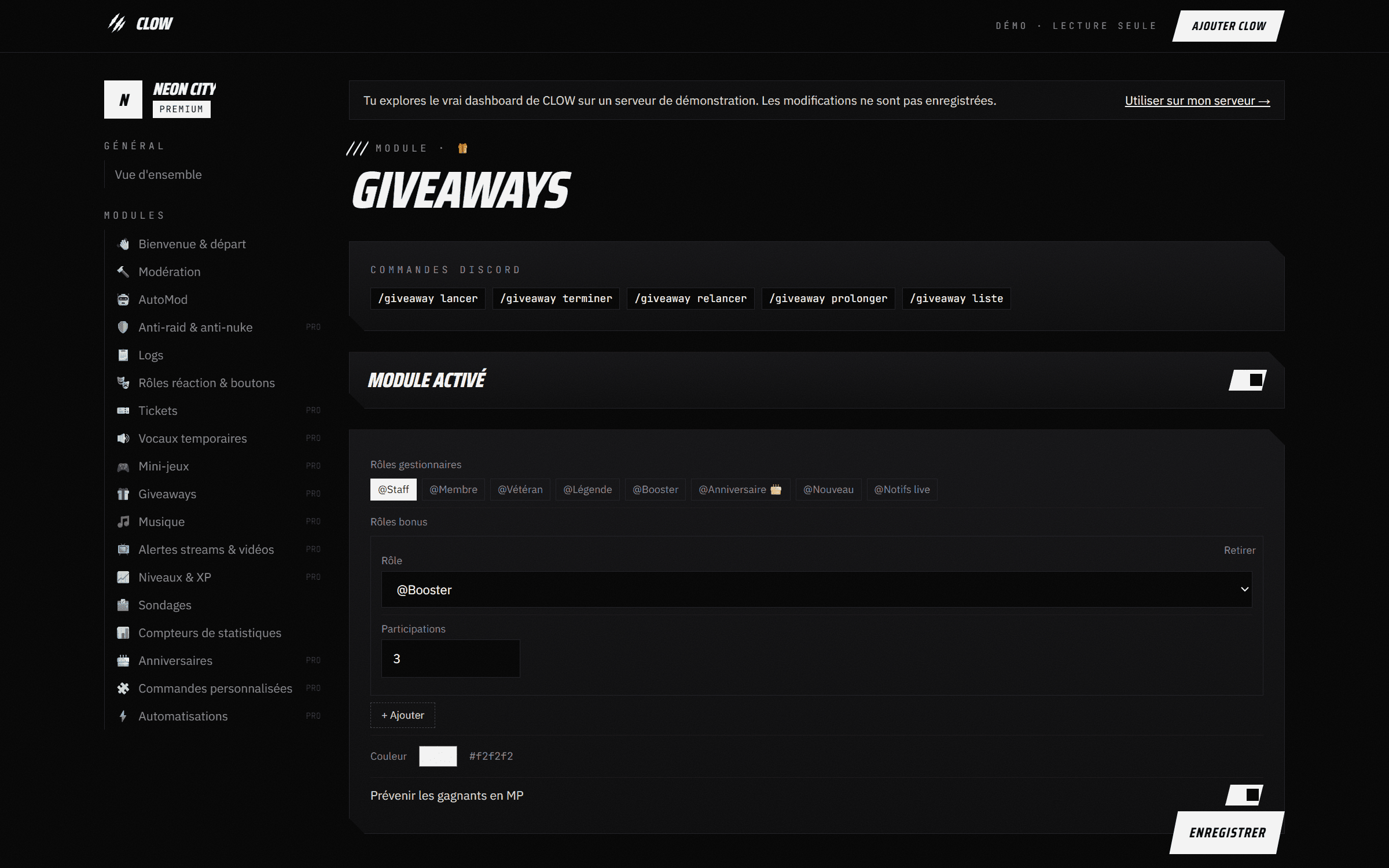 Capture du dashboard CLOW : Giveaways