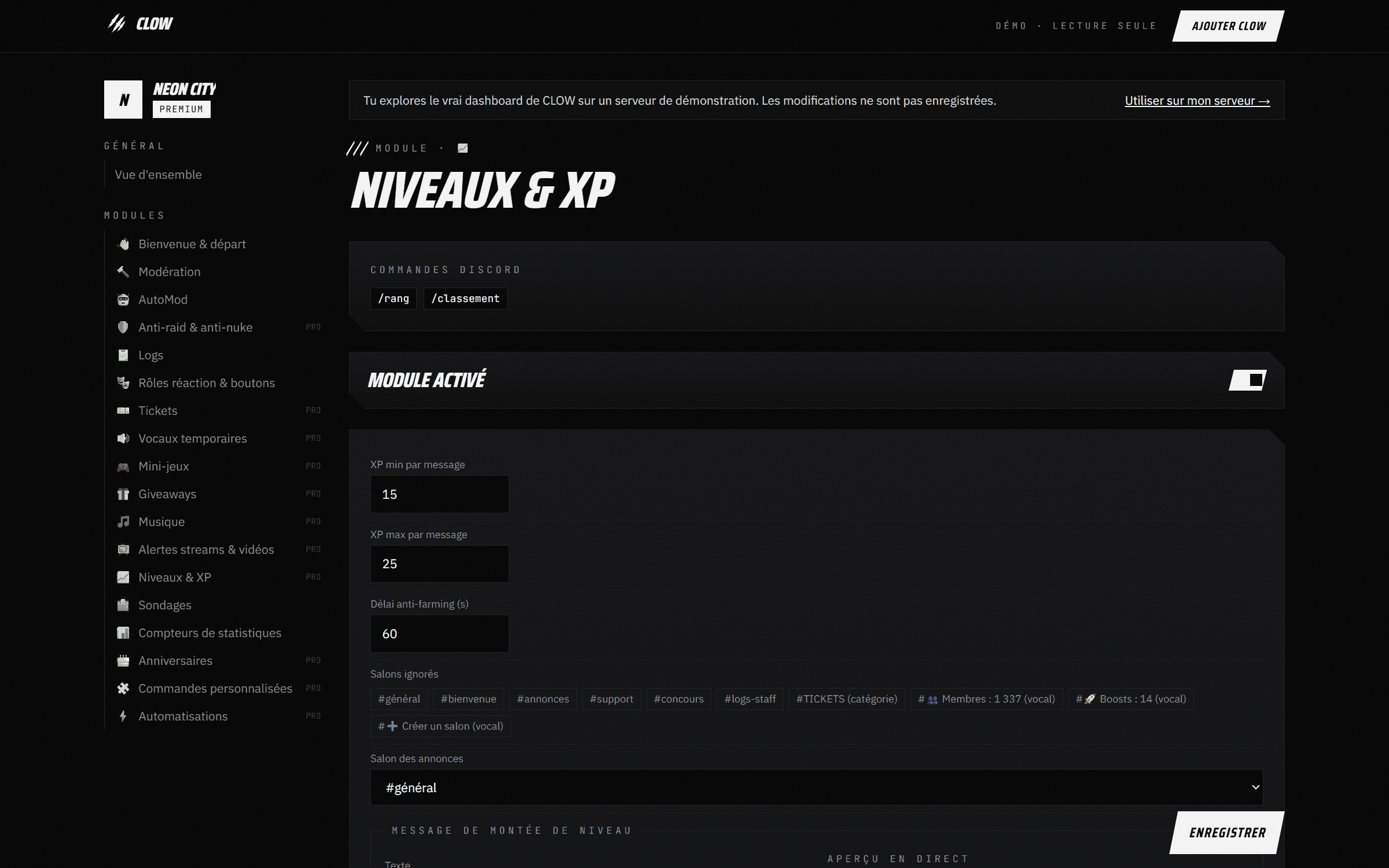 Capture du dashboard CLOW : Niveaux