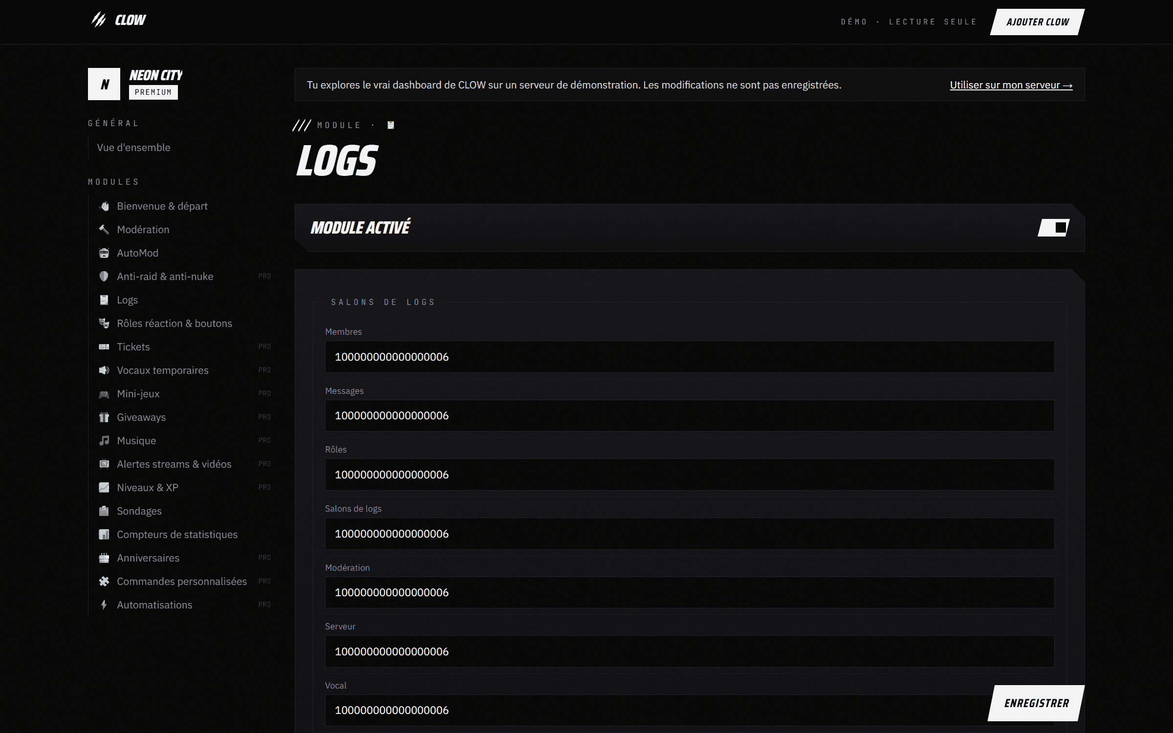 Capture du dashboard CLOW : Logs