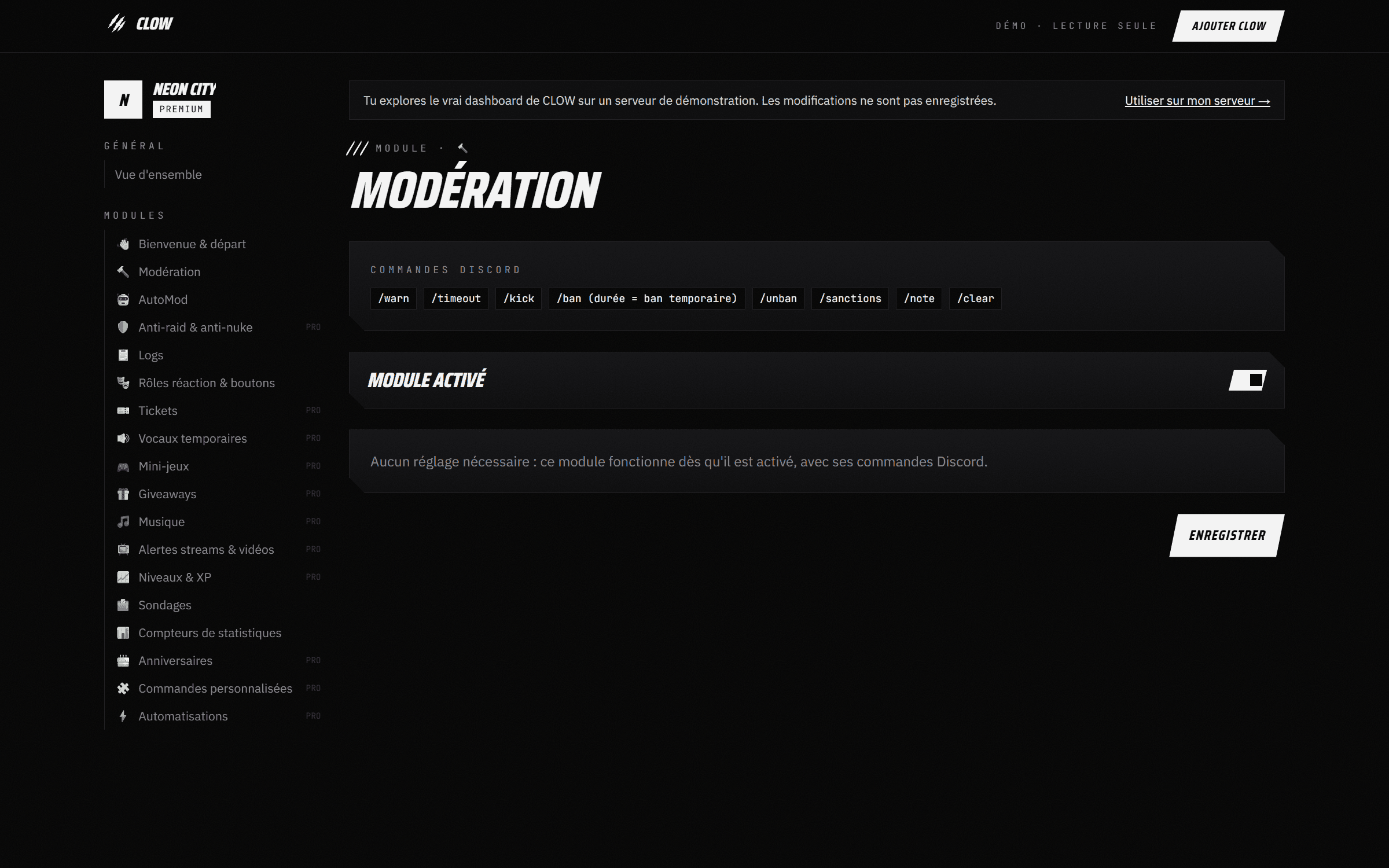 Capture du dashboard CLOW : Modération