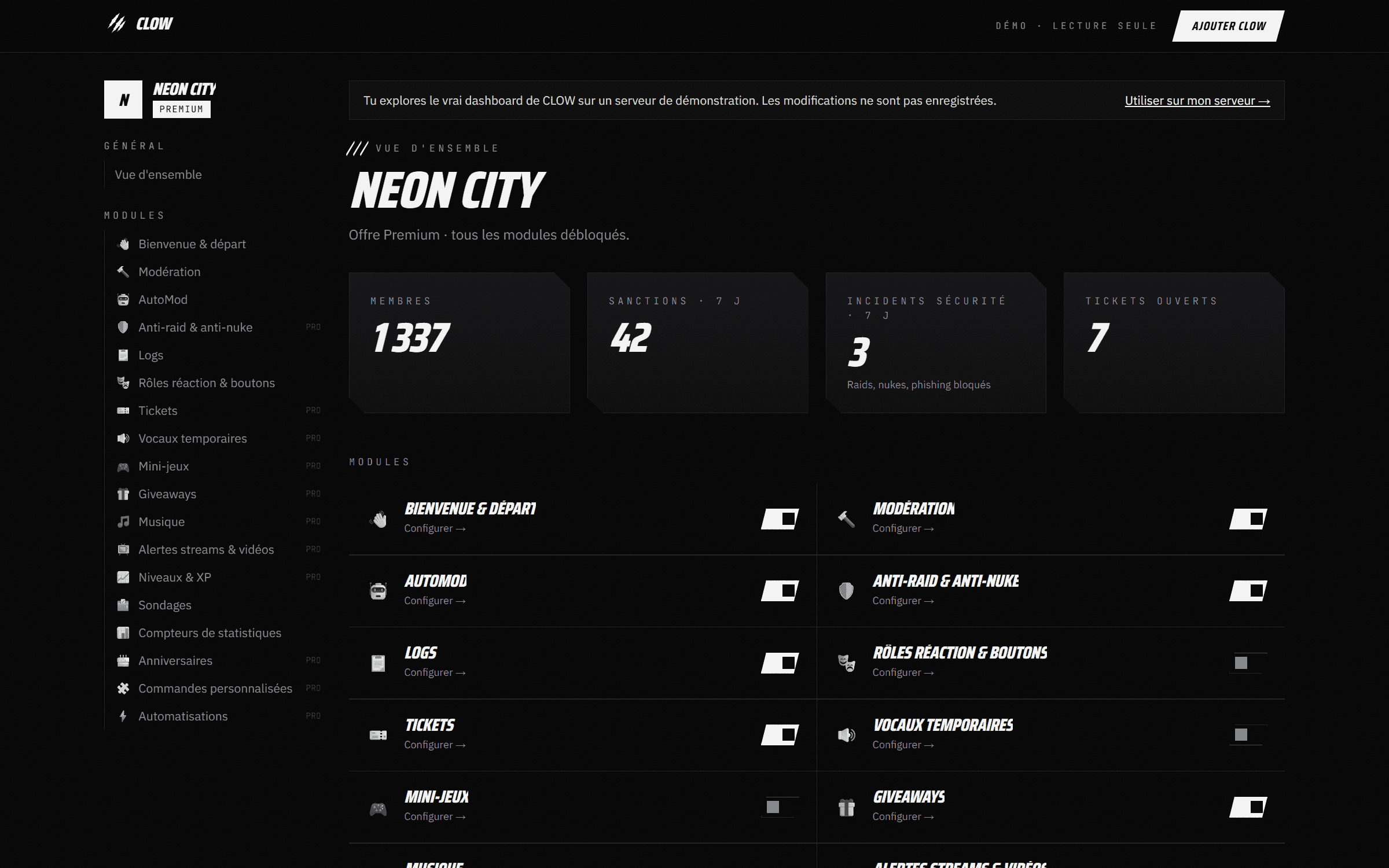 Capture du dashboard CLOW : Vue d'ensemble