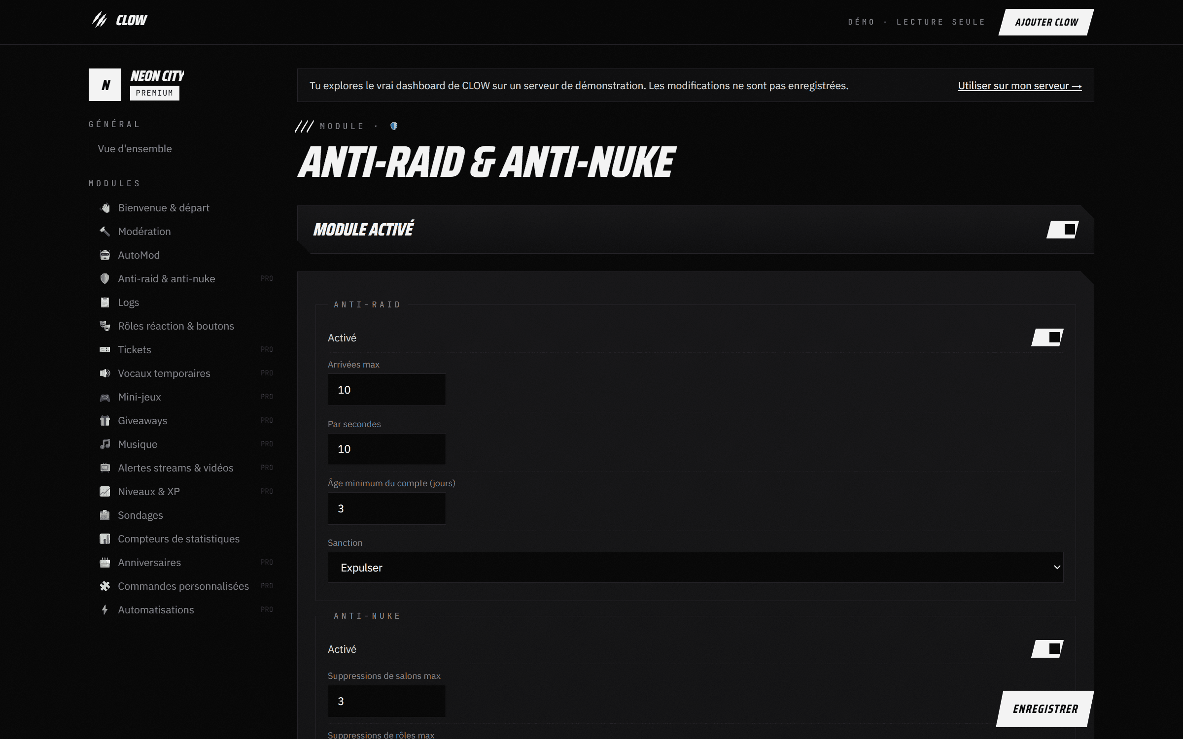Capture du dashboard CLOW : Anti-raid