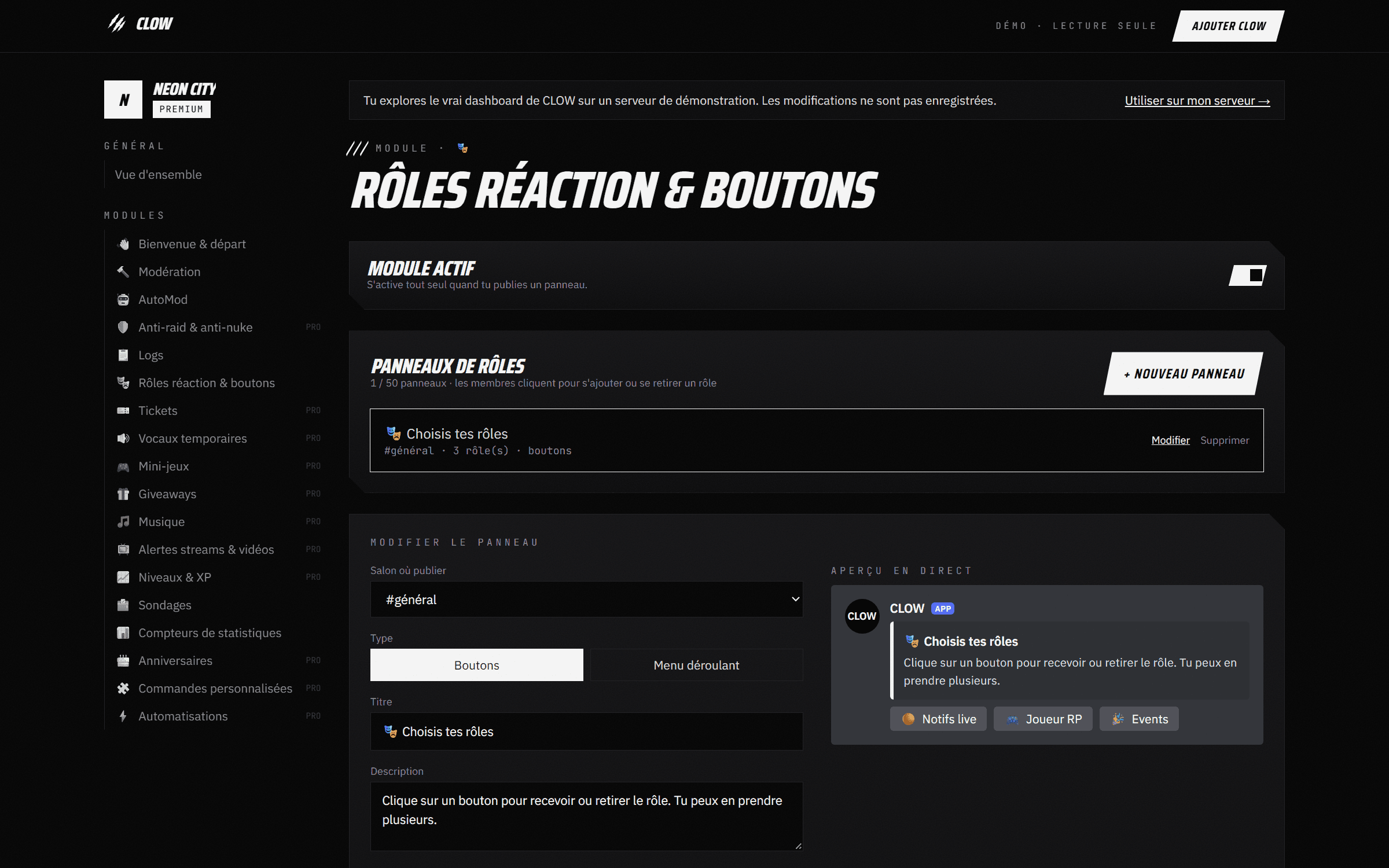 Capture du dashboard CLOW : Rôles réaction