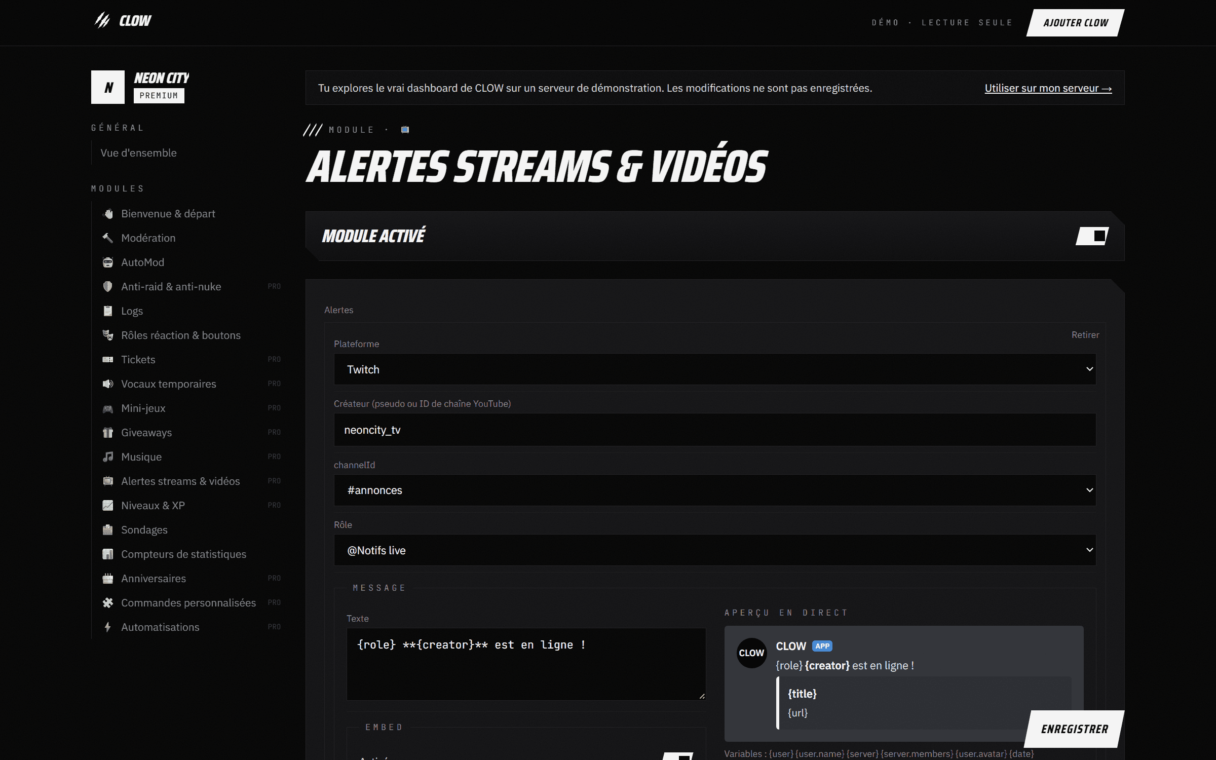 Capture du dashboard CLOW : Streams
