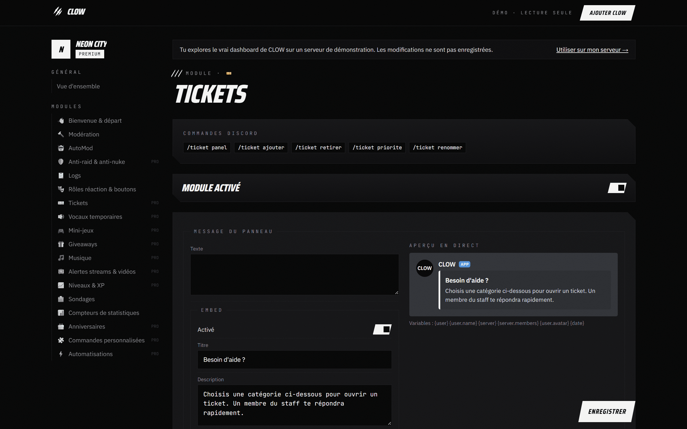 Capture du dashboard CLOW : Tickets