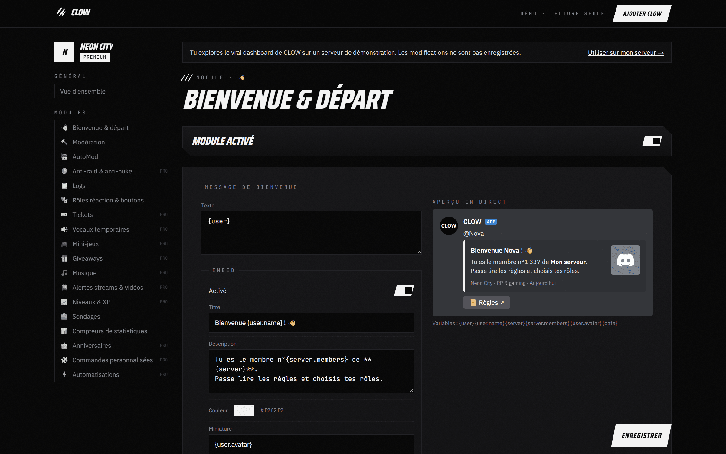 Capture du dashboard CLOW : Bienvenue